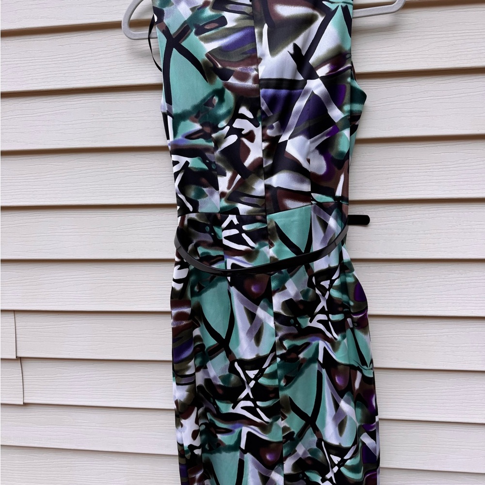 Teal Purple Black Sheath Dress size 4 zip up back w patent leather belt - Picture 9 of 13
